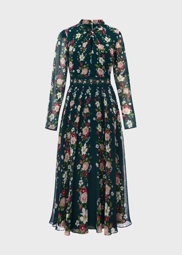 Hobbs Helena Silk Floral Dress Green Multi