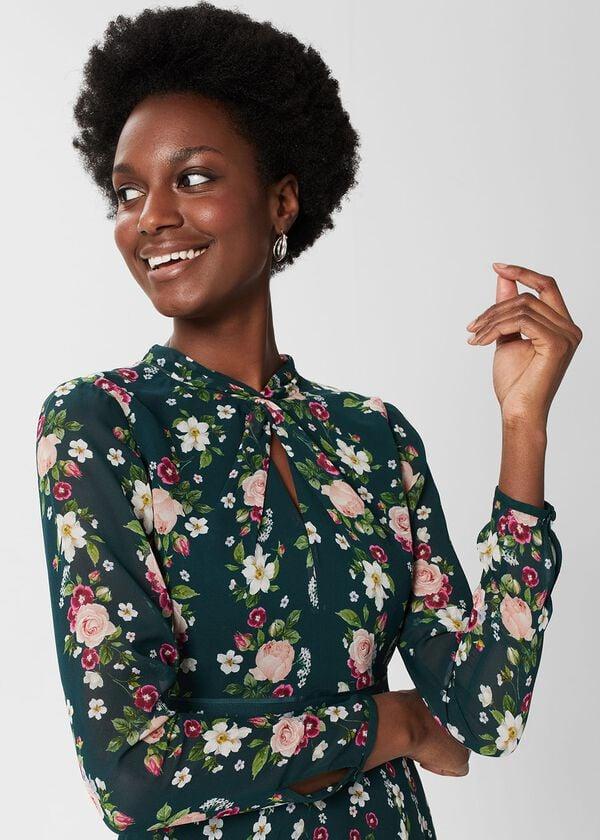 Hobbs Helena Silk Floral Dress Green Multi