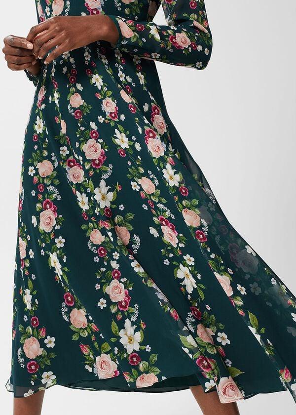 Hobbs Helena Silk Floral Dress Green Multi