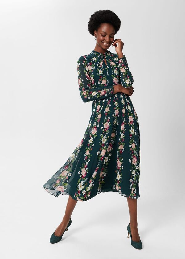 hobbs Helena Silk Floral Dress Green Multi