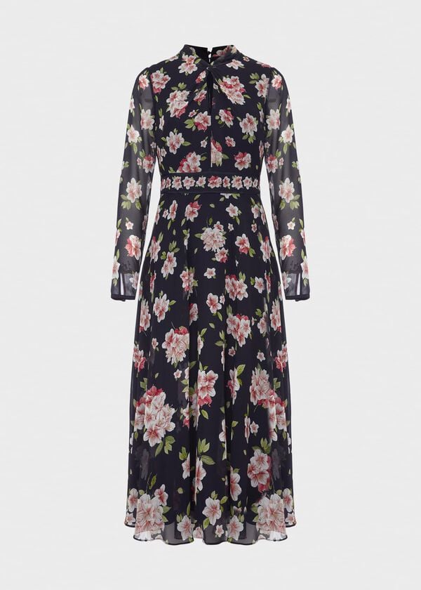 Hobbs Helena Silk Floral Midi Dress Navy Multi