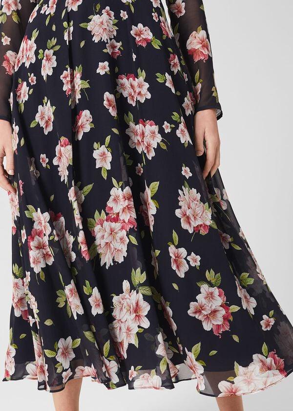 Hobbs Helena Silk Floral Midi Dress Navy Multi