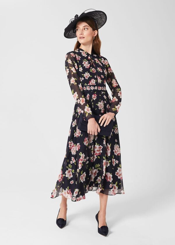 hobbs Helena Silk Floral Midi Dress Navy Multi