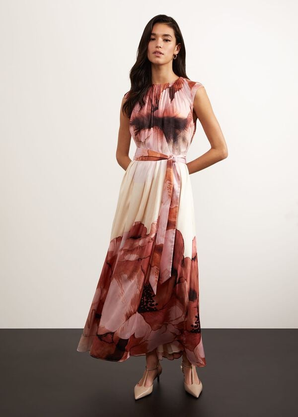 hobbs Heligan Floral Midi Dress Cream Pink