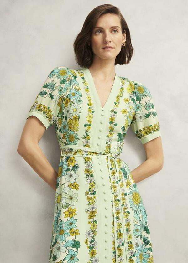 Hobbs Ince Silk V Neck Floral Dress Green Multi