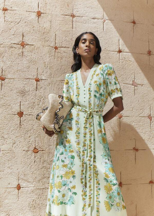 hobbs Ince Silk V Neck Floral Dress Green Multi