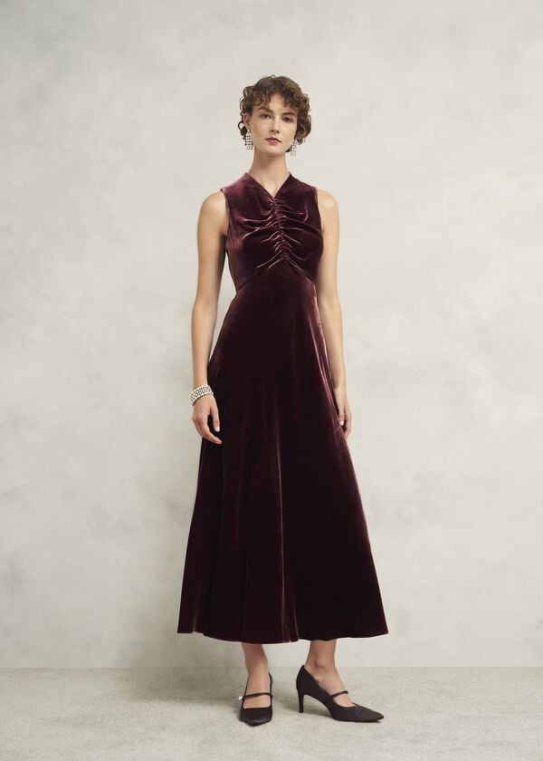 hobbs Isleworth Velvet Dress With Silk Cocoa Brown