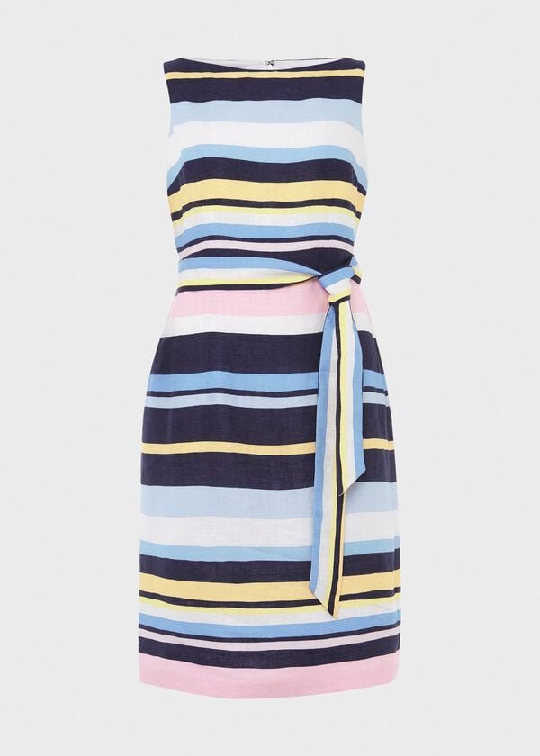 Hobbs Jaci Belted Linen Dress Navy Multi