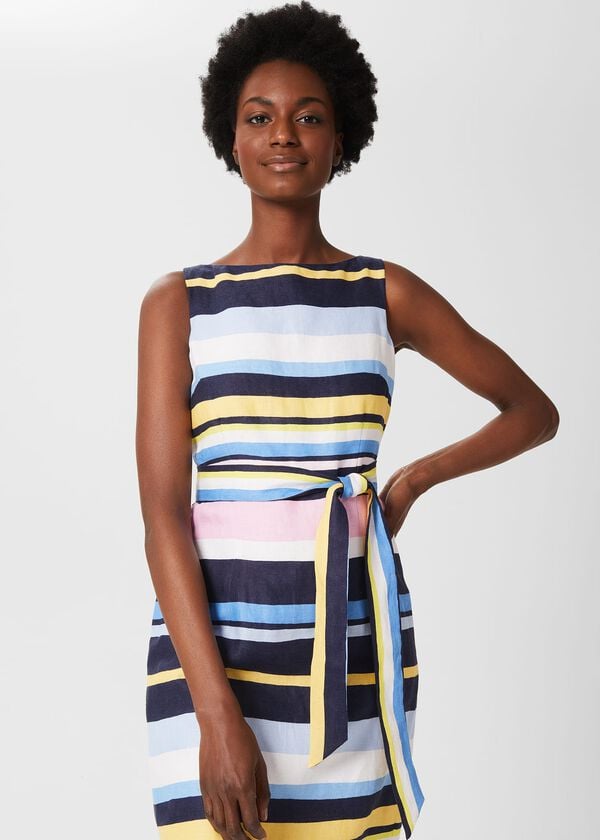 Hobbs Jaci Belted Linen Dress Navy Multi