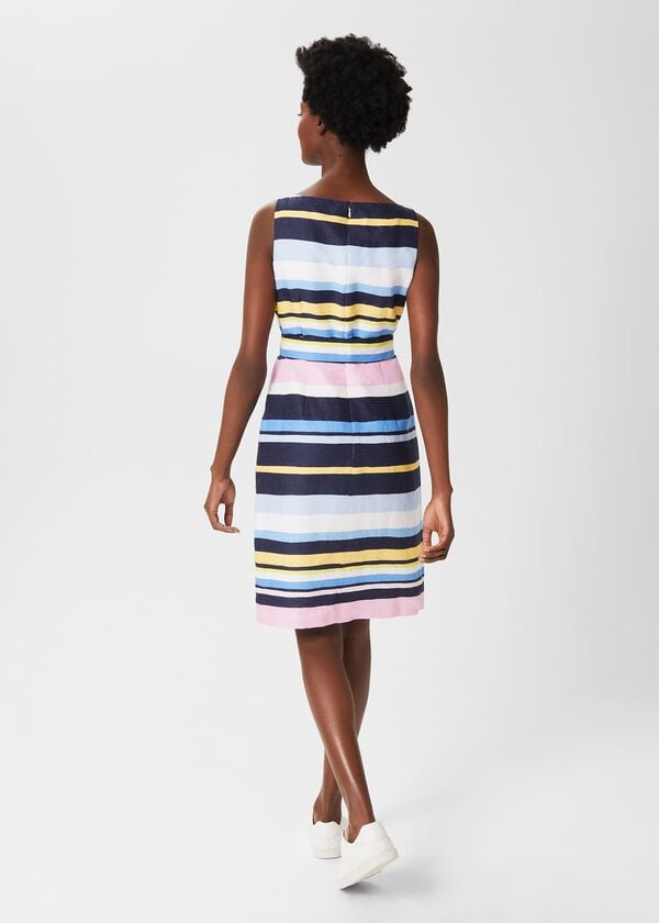 Hobbs Jaci Belted Linen Dress Navy Multi