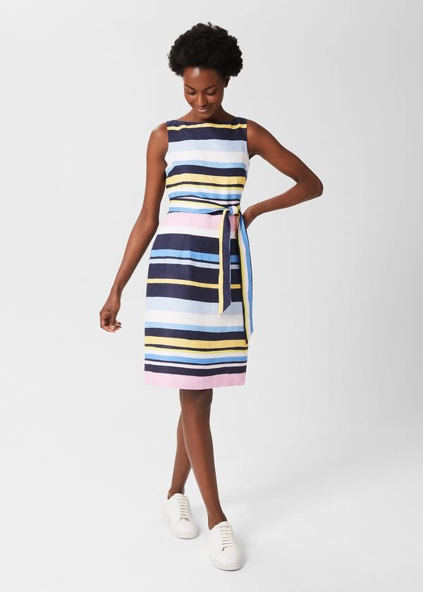 hobbs Jaci Belted Linen Dress Navy Multi