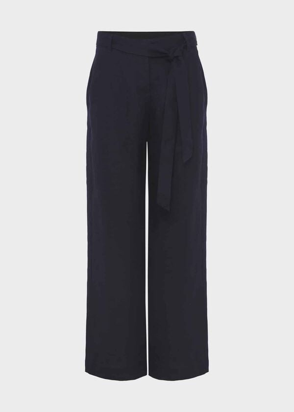 Hobbs Jacqui Wide Leg Linen Trousers Navy
