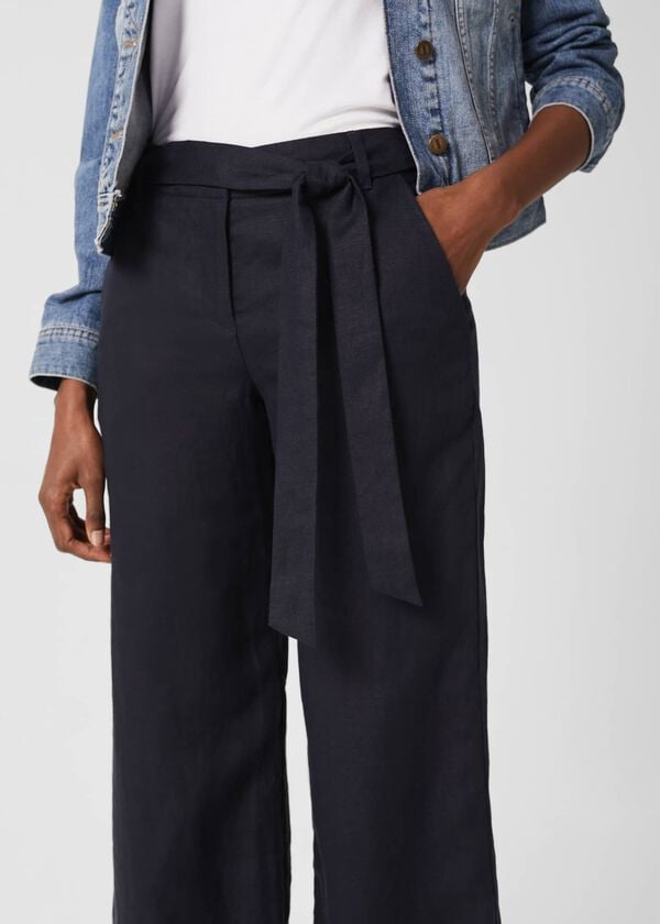Hobbs Jacqui Wide Leg Linen Trousers Navy