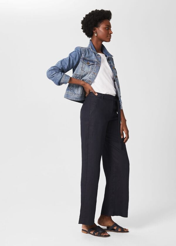 Hobbs Jacqui Wide Leg Linen Trousers Navy