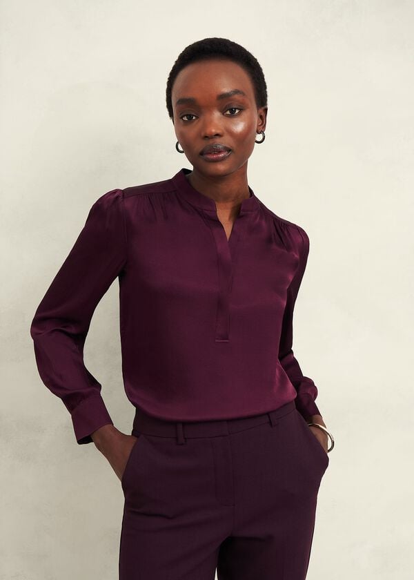 hobbs Jade Satin Blouse Warm Plum