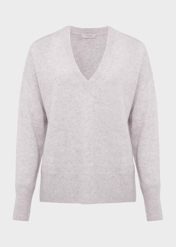 Hobbs Jessa V Neck Cashmere Jumper Pale Grey Marl