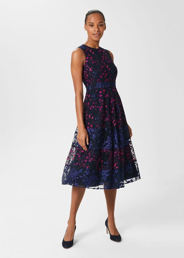 hobbs Kasia Floral Embroidered Dress Navy Multi