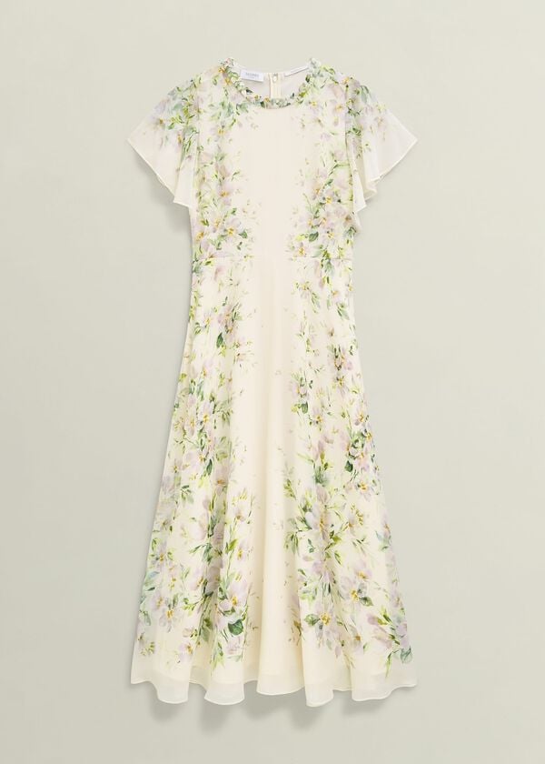 Hobbs Kim Plait Neck Floral Silk Dress Cream Multi