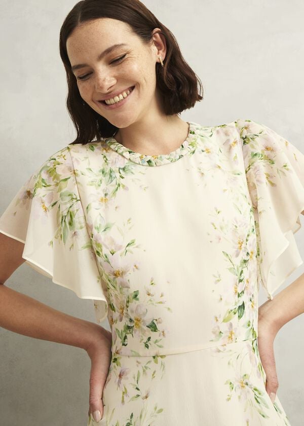 Hobbs Kim Plait Neck Floral Silk Dress Cream Multi