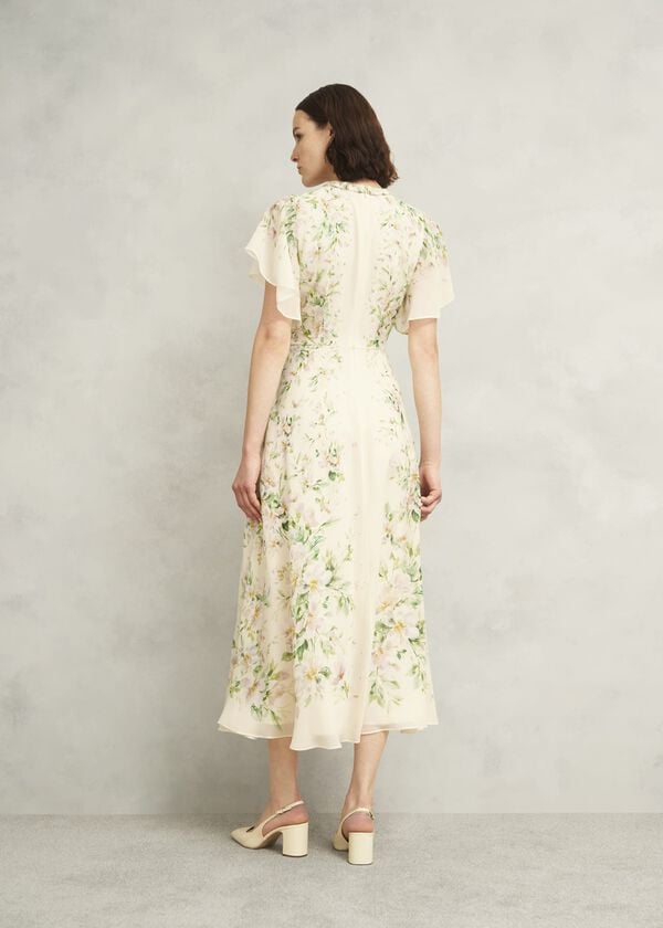 Hobbs Kim Plait Neck Floral Silk Dress Cream Multi