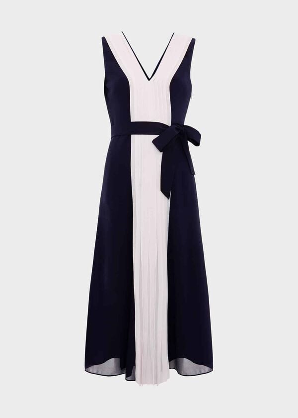 Hobbs Lila Pleated Midi Dress Navy Pale Pink