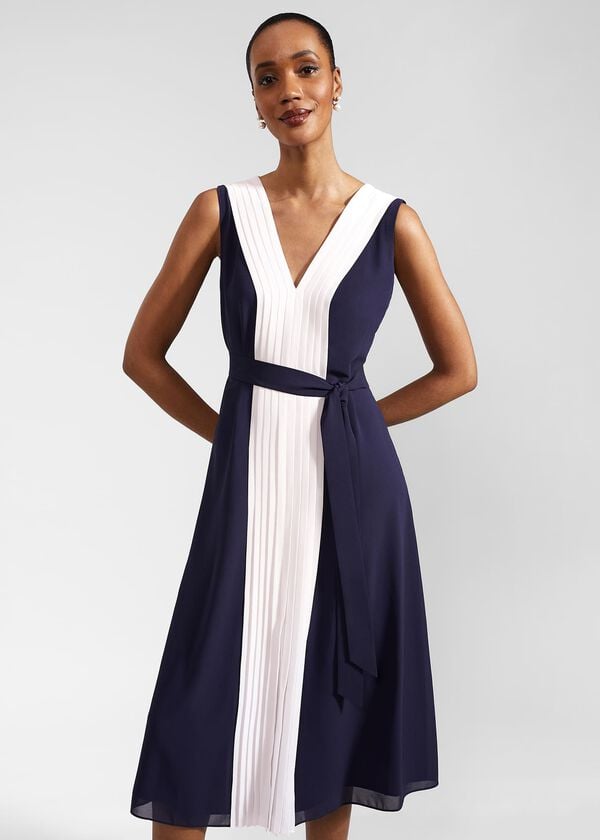 Hobbs Lila Pleated Midi Dress Navy Pale Pink