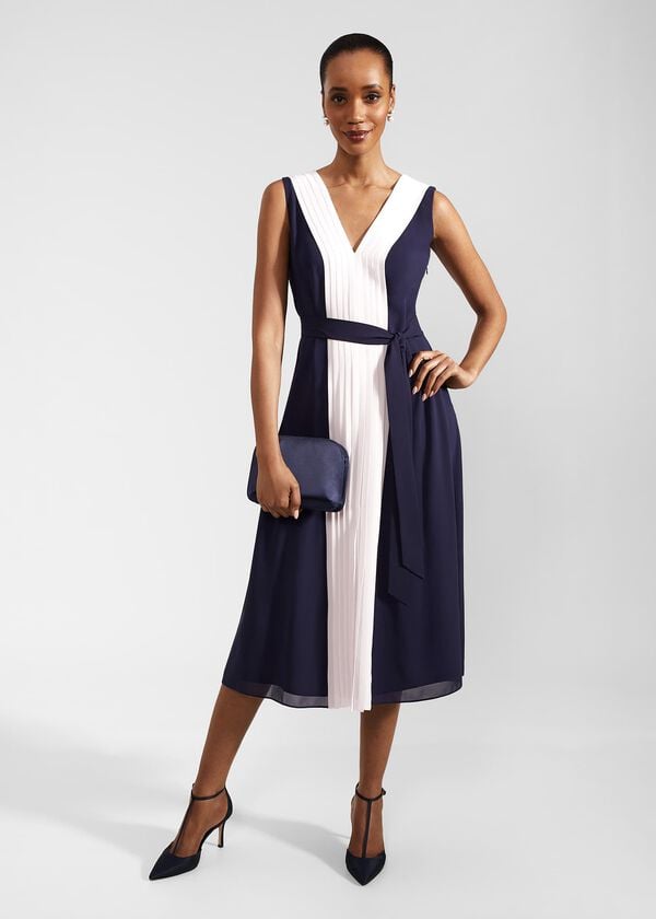 hobbs Lila Pleated Midi Dress Navy Pale Pink