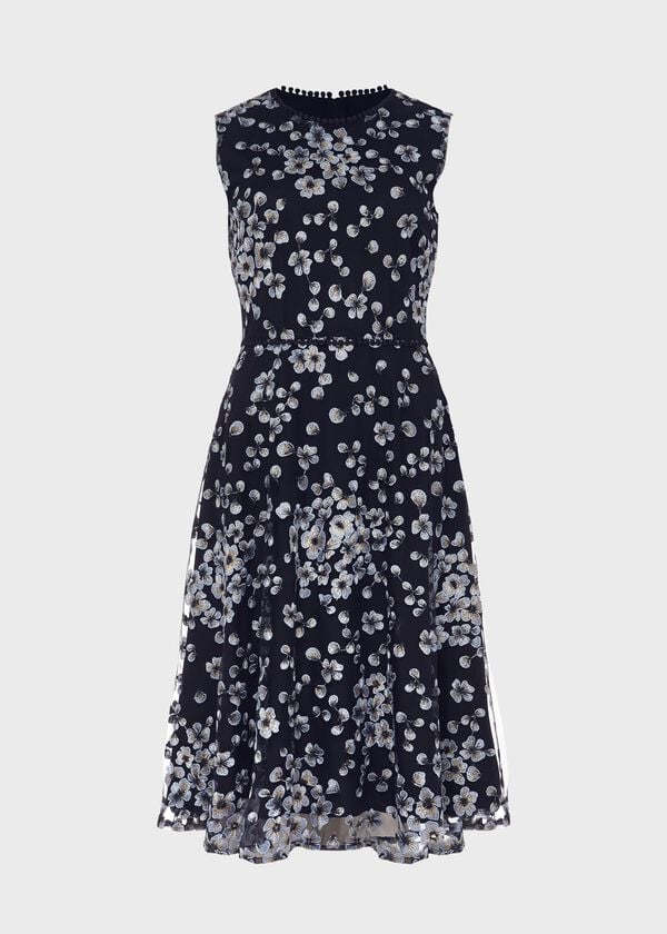 Hobbs Lilith Embroidered Floral Dress Navy Blue