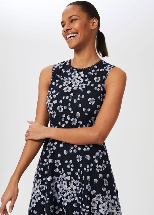 Hobbs Lilith Embroidered Floral Dress Navy Blue