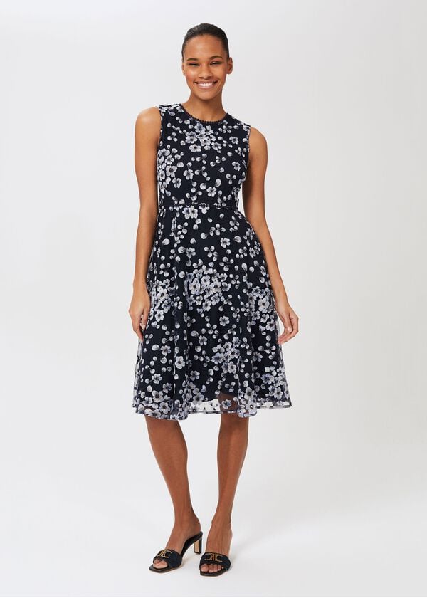 hobbs Lilith Embroidered Floral Dress Navy Blue