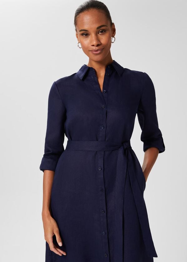 Hobbs Linden Linen Shirt Dress Navy