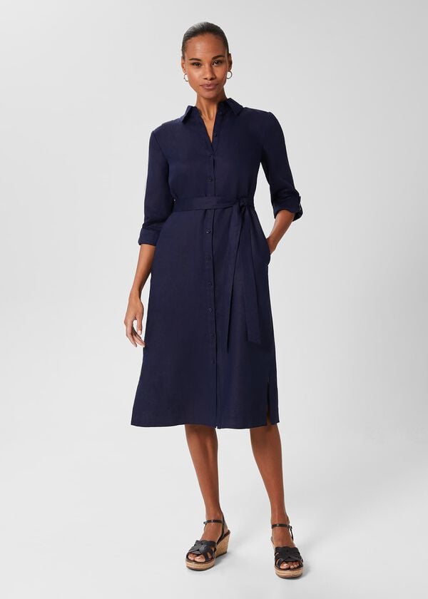 hobbs Linden Linen Shirt Dress Navy