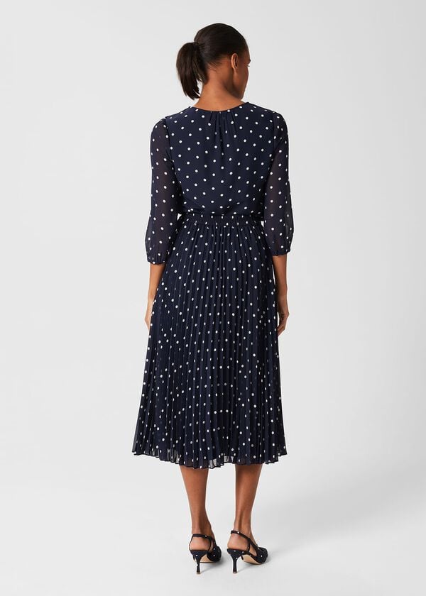 Hobbs Losie Spot Pleated Skirt Navy Ivory