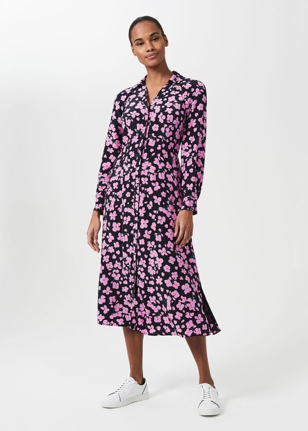 hobbs Lulu Floral Midi Dress Navy Pink