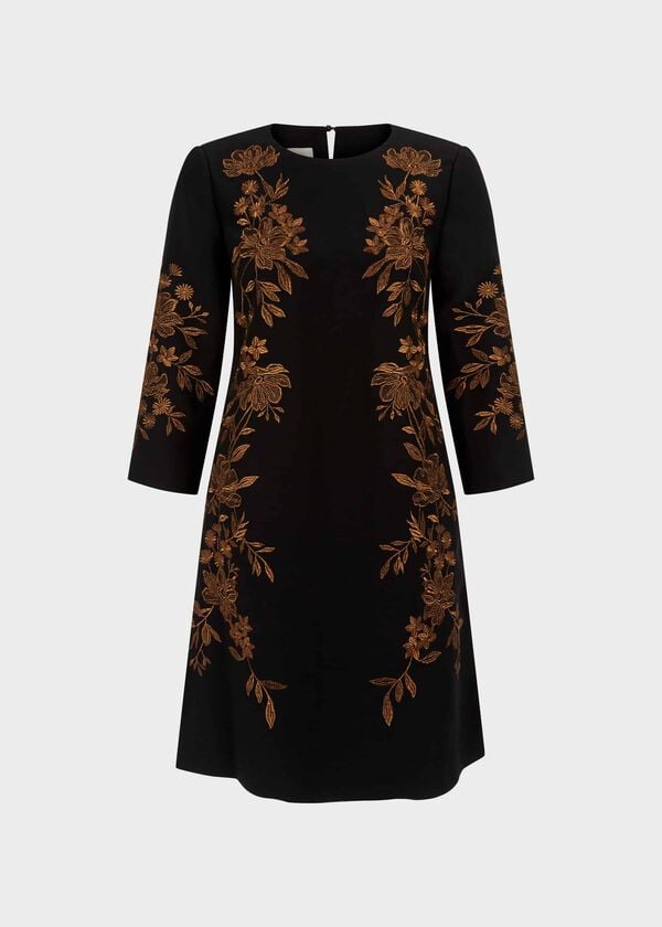 Hobbs Lynn Embroidered Floral Dress Black Orange