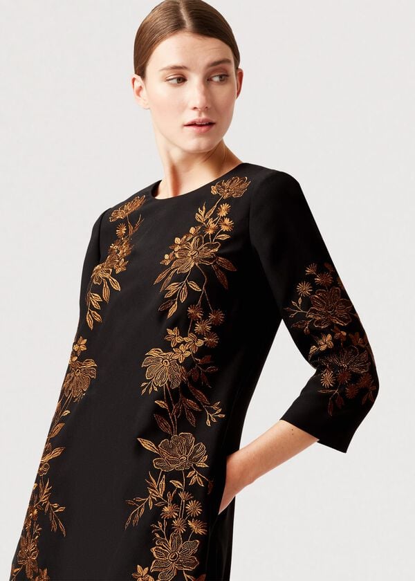 Hobbs Lynn Embroidered Floral Dress Black Orange