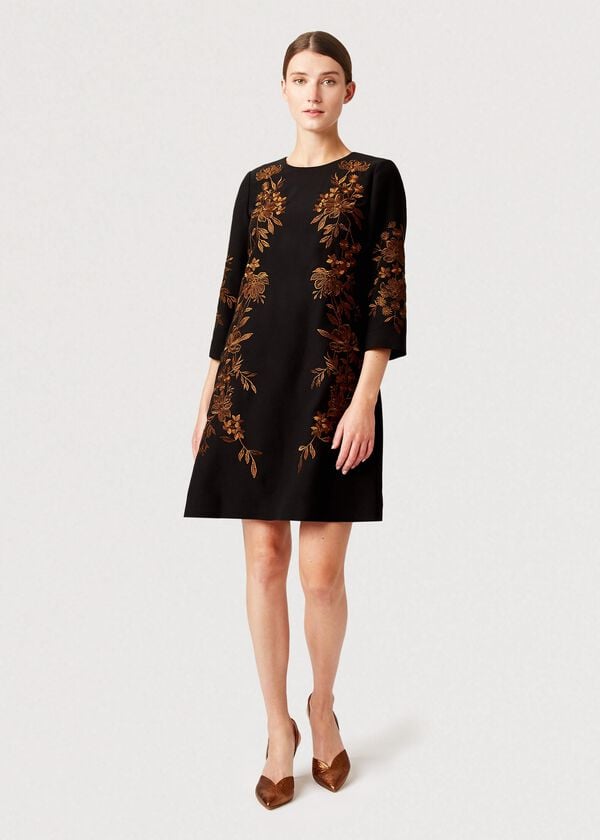 hobbs Lynn Embroidered Floral Dress Black Orange