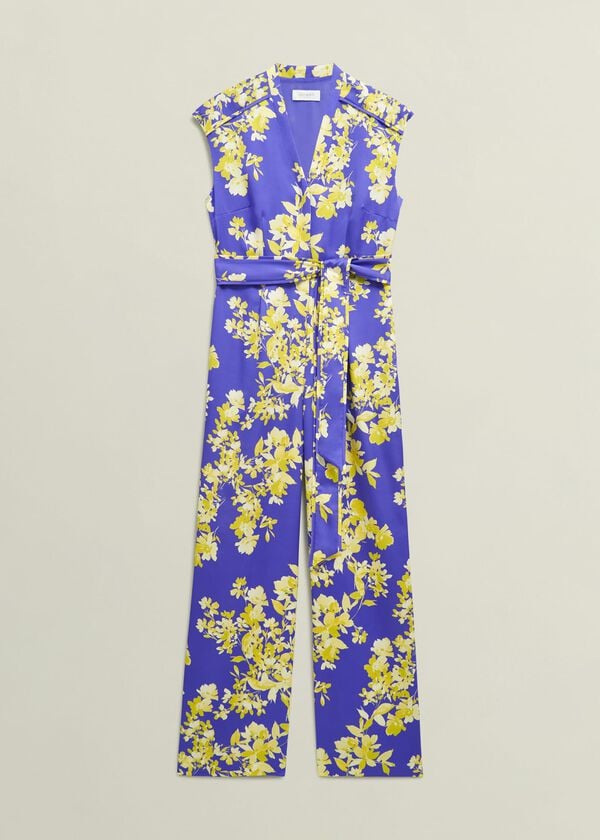 Hobbs Macey Floral V Neck Jumpsuit Blue Multi