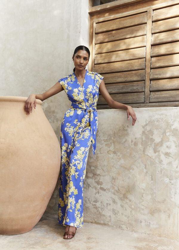 hobbs Macey Floral V Neck Jumpsuit Blue Multi