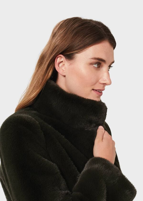 Hobbs Maddox Faux Fur Coat Olive Green