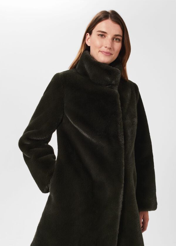 Hobbs Maddox Faux Fur Coat Olive Green