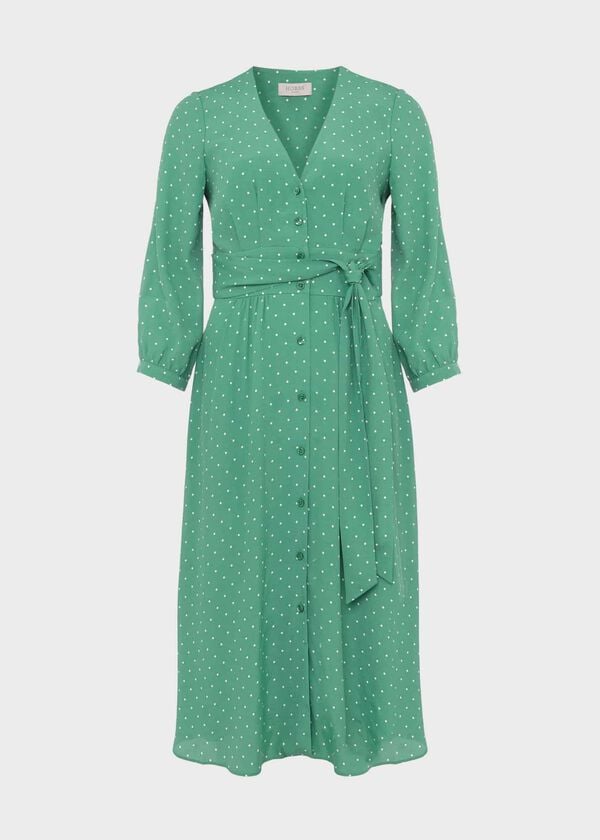 Hobbs Magnolia Belted Dress Green Ivory