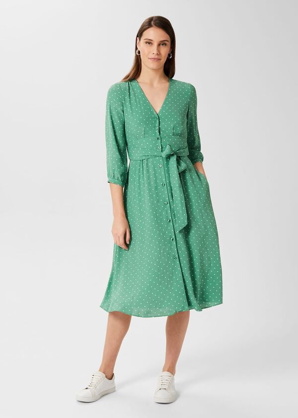 hobbs Magnolia Belted Dress Green Ivory