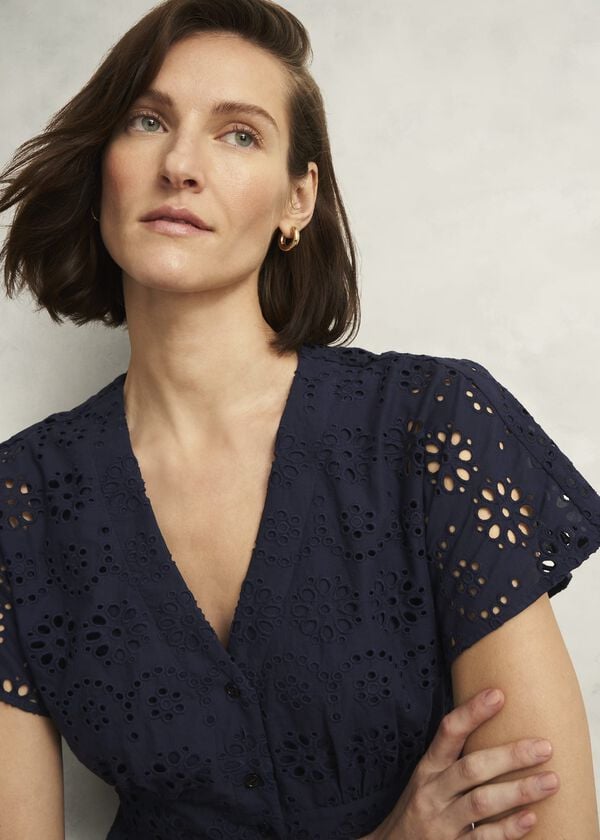 Hobbs Morrab Cotton Broderie Dress Midnight Navy