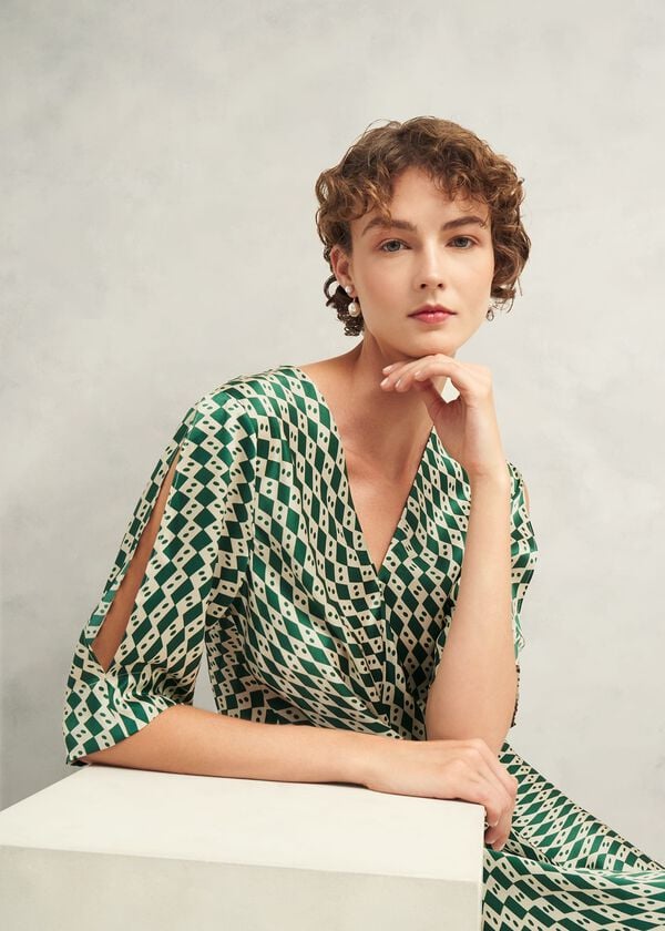 Hobbs Parcevall Silk Dress Green Cream