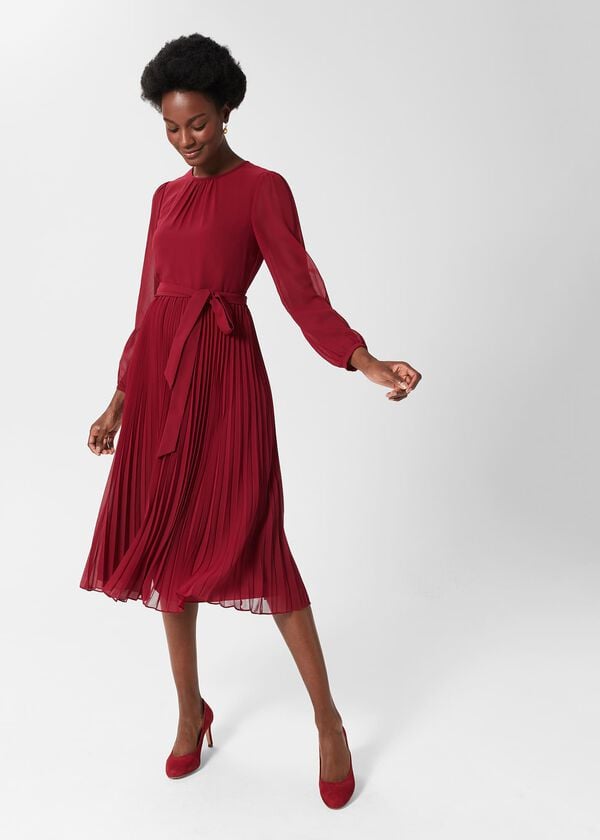 hobbs Paulina Pleated Dress Burgundy