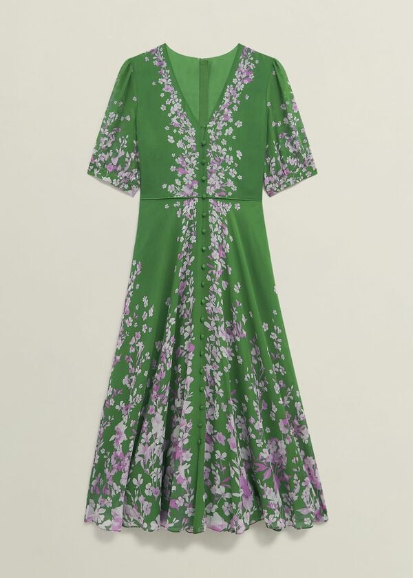 Hobbs Petite Ana Silk Floral Dress Green Pink
