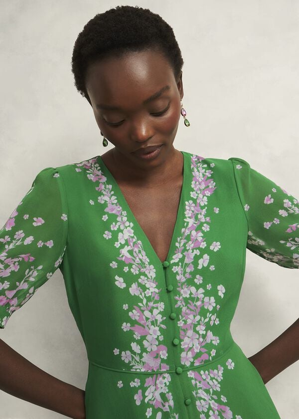 Hobbs Petite Ana Silk Floral Dress Green Pink