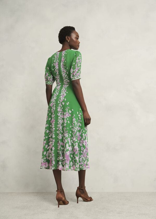 Hobbs Petite Ana Silk Floral Dress Green Pink
