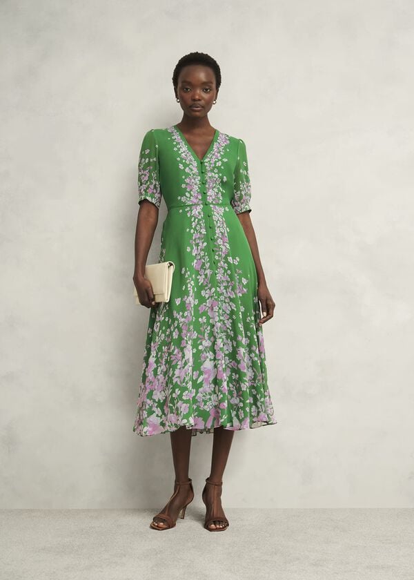 hobbs Petite Ana Silk Floral Dress Green Pink